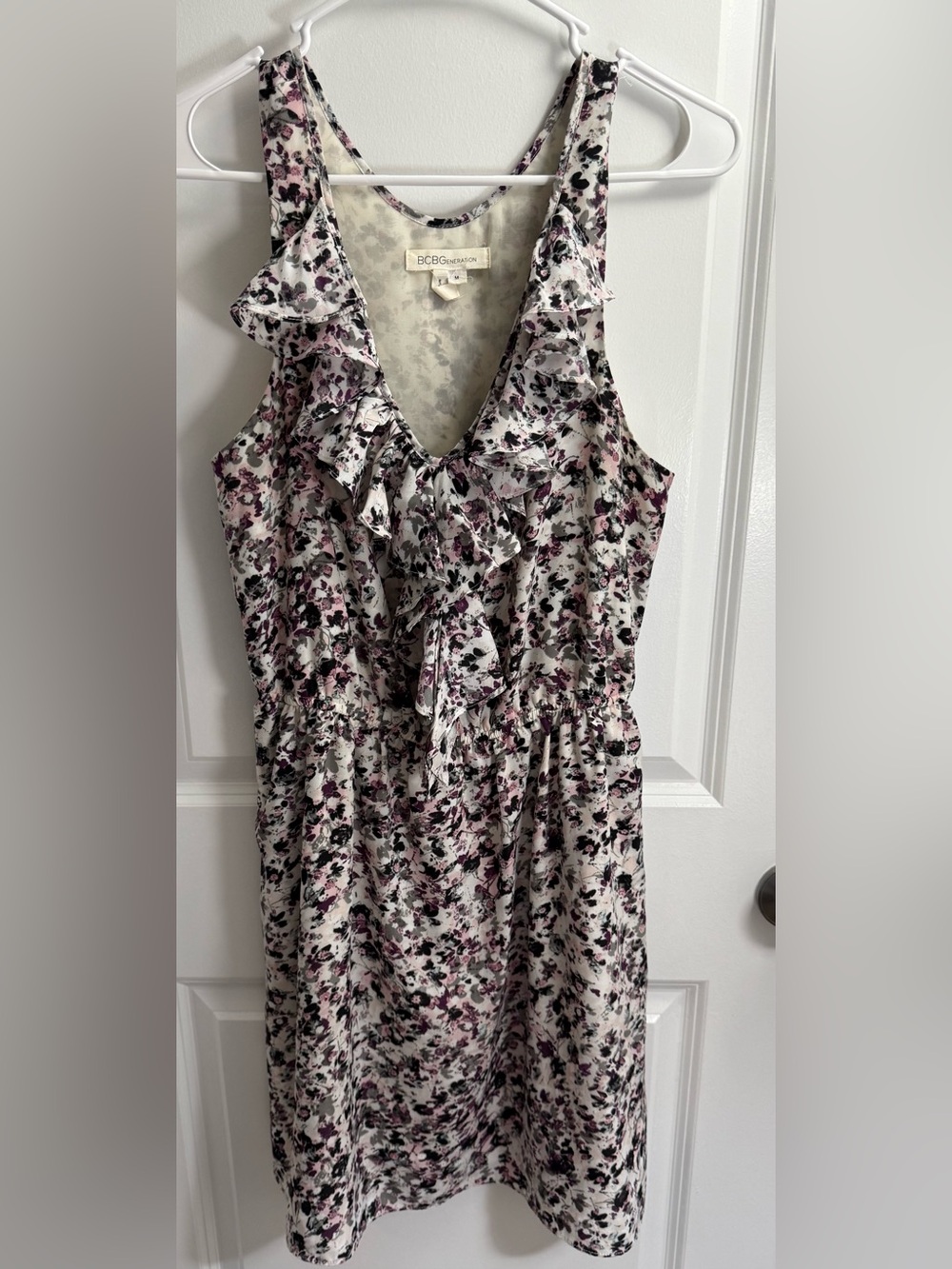 BCBGeneration White Floral Ruffle V-Neck Dress with Pink & Black Accents